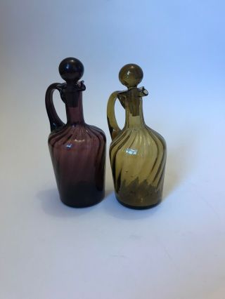 Vintage Set Of 2 Yellow And Purple Glass Pitchers Medium Sized