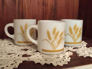 Set Of 3 Vintage Hazel Atlas White Milk Glass Mugs Gold With Wheat Pattern