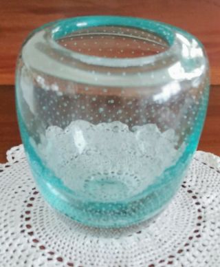 Thick Blue Green Aqua Teal Art Glass Vase With Controlled Bubble Design