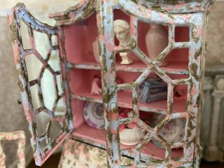 Vintage Miniature Dollhouse Artisan Wood Secretary,  Chair Hand Painted Blue Pink