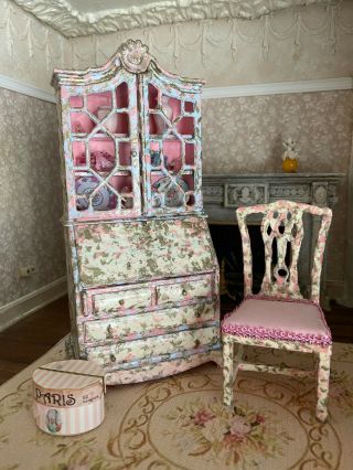 Vintage Miniature Dollhouse Artisan Wood Secretary,  Chair Hand Painted Blue Pink 2