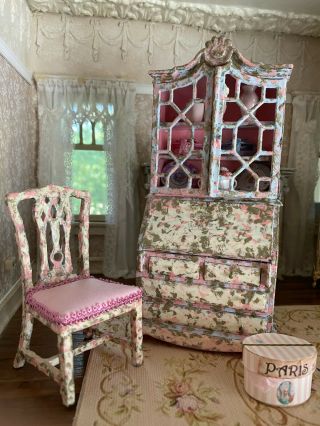 Vintage Miniature Dollhouse Artisan Wood Secretary,  Chair Hand Painted Blue Pink 3