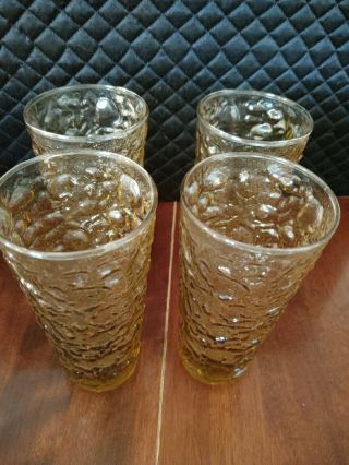 Set Of 4 Amber Gold Textured Drinking Glasses 6.  5” Tumblers