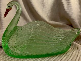 Vintage Green Vaseline Uranium Glass Open Swan Figurine Candy Dish 9 X 6 " Smith
