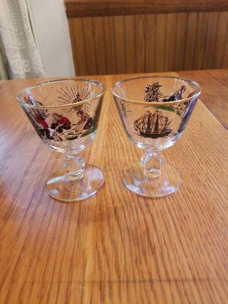 2 Vintage Mid Century Modern Cocktail Stems Illustrated With Pirates & Ship