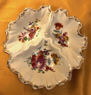 Vintage Porcelain 3 Section Divided Floral Relish,  Candy,  Nut Dish Gold Trim