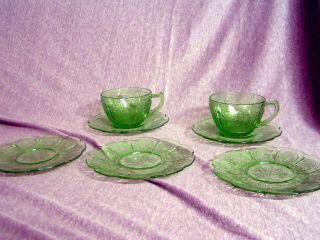Vintage 7 Piece Set Green Vaseline Depression Glass - (2 Teacups And 5 Saucers)