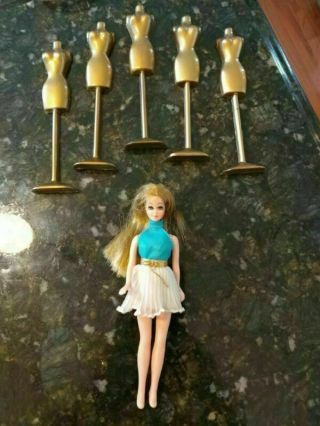 Topper Dawn Blonde Doll White Blue Dress 1960s & 5 Gold Mannequin Stands