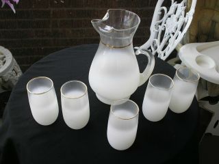 6 Piece Retro Tiswest Virginia Glass Pitcher And Glasses - Frosted White With Gold