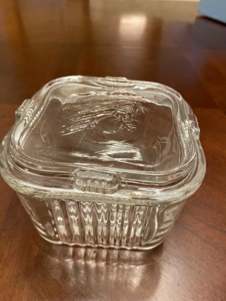 Vintage Federal Clear Glass Ribbed Refrigerator Dish Square Vegetable W Lid Euc