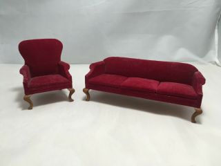 Vintage Red Velvet Sofa & Chair Living Room Dollhouse Furniture 2 Pc Set Couch