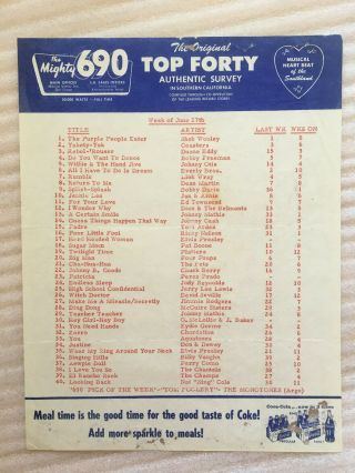 Mighty 690 Top Forty Vintage Orig.  1958 Rock & Roll Survey.  Purple People Eater