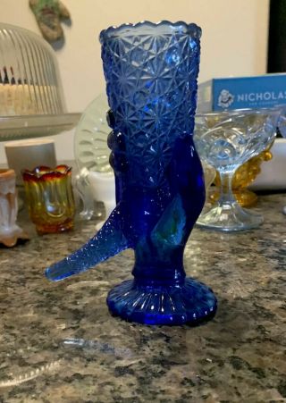 Vintage 6” Tall Fenton Royal Blue Glass Bud Torch Vase “hand & Horn”