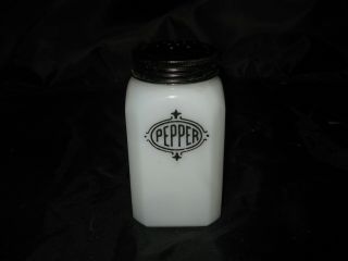 Pepper Shaker Milk Glass Black Badge Hazel Atlas