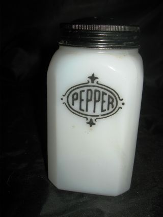 Pepper Shaker Milk Glass Black Badge Hazel Atlas 2