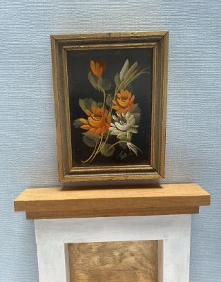Dollhouse Miniature Vintage Artisan Signed Floral Oil Painting Mantle Decor Mcm