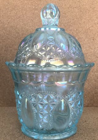 Vintage Ice Blue Iridescent Covered Candy Dish Imperial Glass Co,  7” Tall