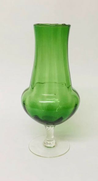 Fluted Twisted Stem Green Empoli Art Glass Vase (22.  8cm Tall)