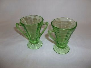 Vintage Anchor Hocking Green Block Optic Cone Shape Glass Cream & Sugar Bowl