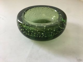 Vintage Whitefriars ? Controlled Bubble Green Glass Bowl Pin Dish