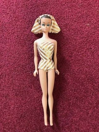 Vintage Mattel Barbie Japan Midge Blue Eye Brunette Gold Swimsuit Hat Earrings