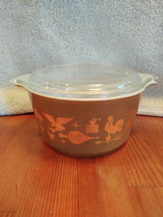 Vintage Pyrex Early American Brown Gold Casserole W/lid 473 1 Quart