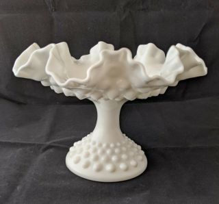 Vintage Fenton Hobnail White/milk Glass Ruffled Pedestal Bowl/candy Dish (g)