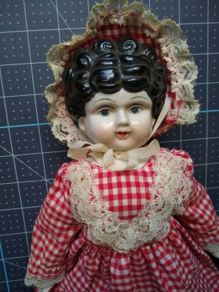 Antique Vintage China Porcelain Doll With Cloth Body Gingham Dress 14 "