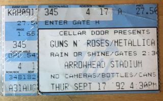 1992 Guns N Roses Metallica Concert Ticket Stub Arrowhead Stadium Kc Mo 9/17/92