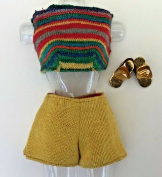 Vintage Barbie Gold Knit Shorts & Stripe Crop Top W/gold Wedge Shoes 1963 Vgc