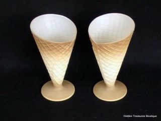 Set Of 2 Ice Cream Waffle Cone Glass Parfait Dessert Cups Textured Italy