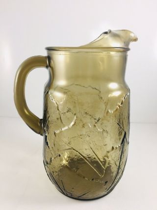 Vintage Brown Glass Pitcher Leaf Pattern - Ice Cube Lip - 10 " High