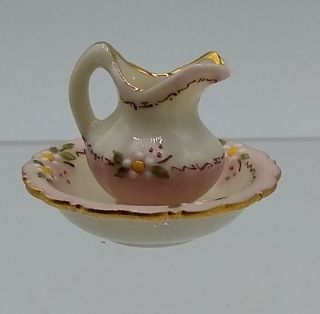 Miniature Dollhouse Jo Parker Porcelain Wash Bowl And Pitcher Floral Gold 1:12