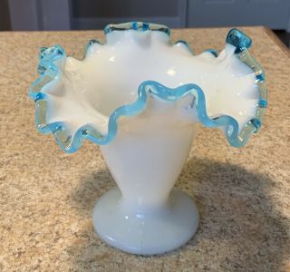 Fenton Glass White Opalescent With Blue Glass Ruffle 4 " Vase