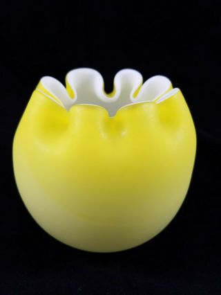 Vintage Fenton Art Glass Yellow To White Satin Glass Crimped Top Rose Bowl