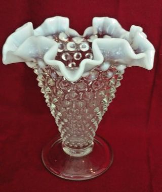 Vintage Hobnail Glass Vase With Opalescent Ruffled Rim