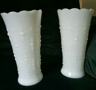 2 Vintage Milk Glass Teardrops And Pearls Dots And Arrows Vase Scalloped Edge