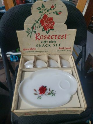 Vintage Federal Glass Rosecrest 8 Pc Luncheon Snack Tea Set Red Rose Cups Plates