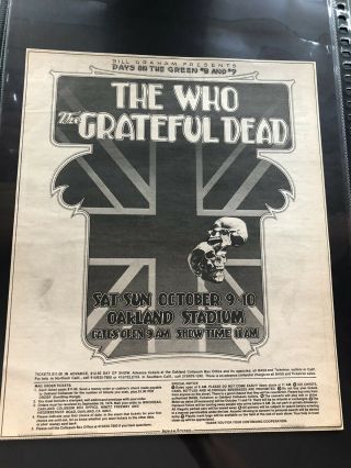 The Who Grateful Dead 1976 Concert Advertisement Days On The Green 8/9
