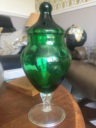 Vintage Green Empoli Italian Art Glass Bon Bon Jar/ Apothecary