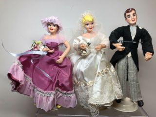 6.  5” Vintage 1950’s Flagg Dolls All Bride & Groom Wedding Set Of 3 L