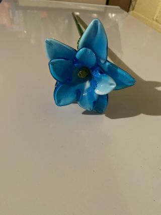 Vintage Hand Blown Art Glass Long Stem Blue Flower.