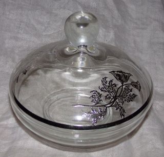 Antique Vtg Silver Overlay Deposit Glass Floral Flowers Clear Glass Candy Dish