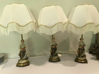 Three Ceramic Figurine Lamps With Shades