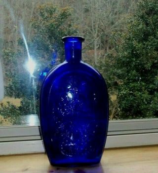 Vtg Cobalt Blue Franklin Glass Bottle Raised Clipper Ship Eagle Shield Twd 8.  75 "