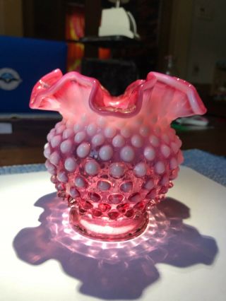 Vintage Fenton Glass Vase Pink Rose Cranberry Hobnailed Collectible