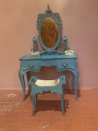 Vintage Mattel Barbie Susy Goose Vanity And Bench,  Blue Dressing Table W/mirror