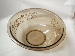Set of 2 - Pyrex Friendship Brown Bowls 323 and 325 Birds Flowers Hearts Vines 3