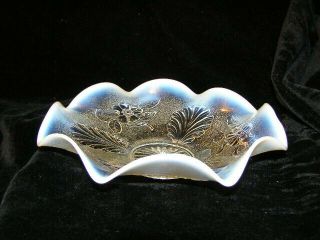 Vintage Northwood Blossoms & Palms White Opalescent Glass Low Bowl 1905 Exc
