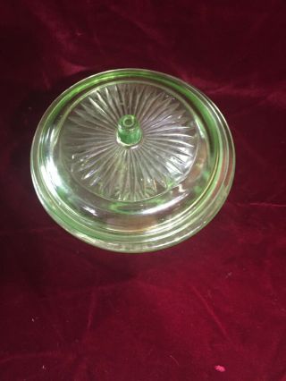 Antique Green Depression Uranium Glass Round Refrigerator Dish Ribbed Paneled 6” 2